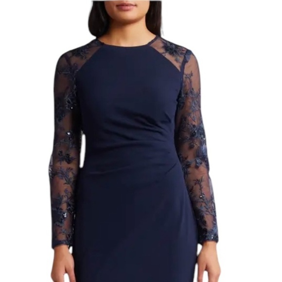 NEW ELIZA J Sequin Embroidered Long Illusion Sleeve Gown in Navy Blue Size 8 - Picture 4 of 10